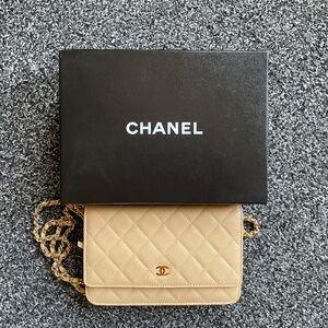 Chanel Quilted Caviar WOC Wallet On Chain Light Beige